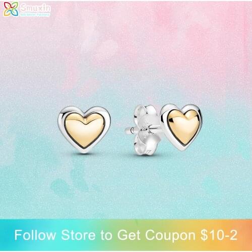 Smuxin 925 Sterling Silver Stud Earring Domed Golden Heart Stud Earrings Cubic Zirconia Stud Earrings Women Earrings