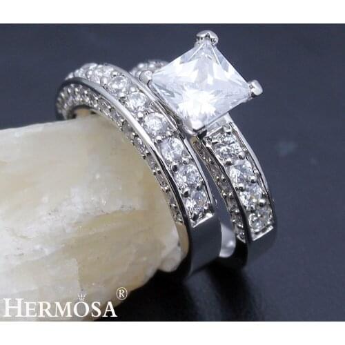 Hermosa Wedding Rings White Zircon 1 Pair Rings Engagement Anniversary Jewelry Bridal Bands Ring Size 7# 8