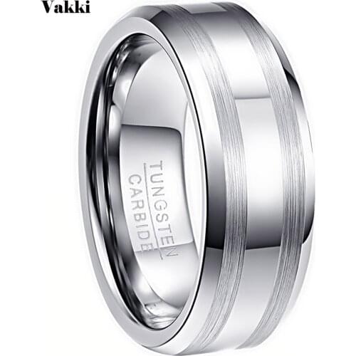 VAKKI Mens 8mm Polished Tungsten Carbide Ring Wedding Band Rings Beveled Edge Satin Brushed Stripes Size 6 To 14
