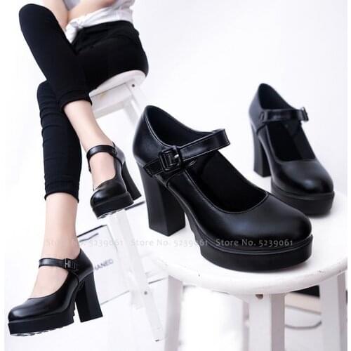 Gothic Women Japanese Anime Lolita Princess Cosplay PU Leather High Heels Shoes Roman Style Carnival Party Prom Round Head Boots