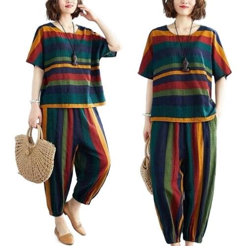 2 Piece Sets Womens Cotton and Linen Outfits Stripe Short Sleeve O-neck Tops+ Loose Harem Pants 2021 Summer Casual Two Piece Set