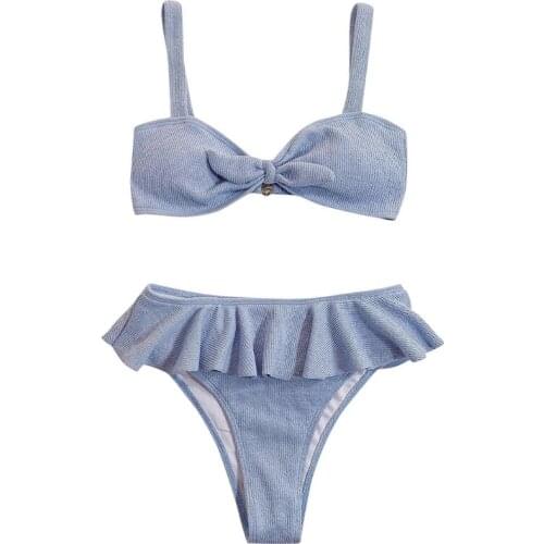 40GC Women Sexy 2 Piece Bikini Set Tie Knot Front Bra Micro Swimsuit Ruffles Patchwork High Waist Thong Ribbed Bathing Suit