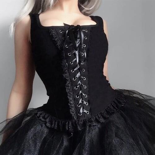 InsGoth Black Bandage Tank Tops Gothic Grunge Vintage Lace Women Tank Top Streetwear Sleeveless Sext Mesh Ruch Ruffle Tops