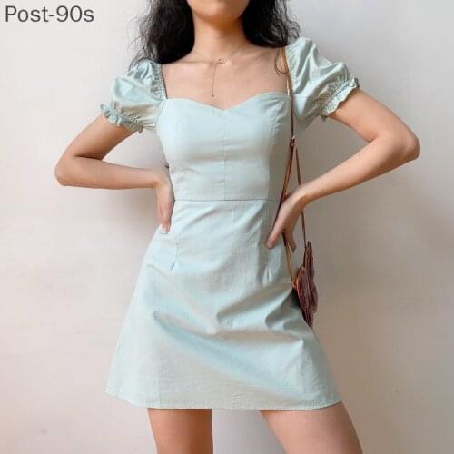 Summer Blue green simple casual bodycon woman dress square collar high waist elegant puff sleeve A-line sexy mini dresses 2021