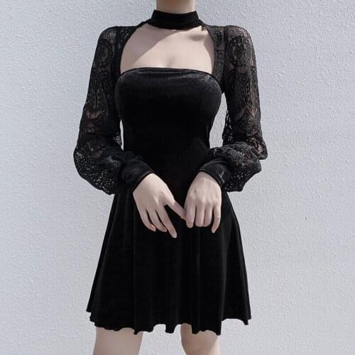 2021 New Women Gothic Black Dress Lace Velvet Patchwork Dress Fashion Lantern Long Sleeve Dark Dress Club Party Casual Female
