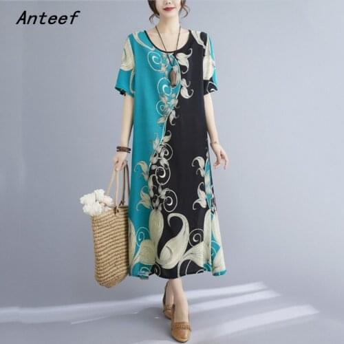 Short sleeve vintage floral dresses for women casual loose long woman summer dress elegant clothes 2021 sundress