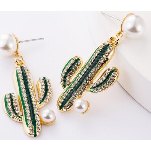 2021 New Cute Cactus Crystal Drop Earring Trendy Party Rhinestone Imitation Pearls Dangle Earrings Jewelry for Women Wholesale