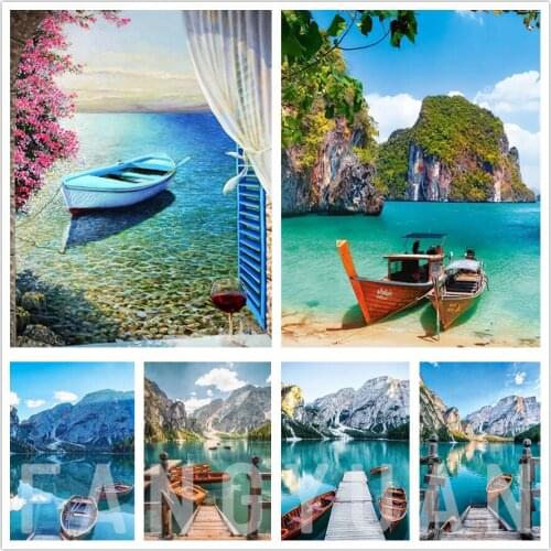 5D Diy Diamond Painting Landscape Boat Full Drill Diamond Embroidery Lake Mountain Rhinestones Mosaic Handmade Wall Art Poster