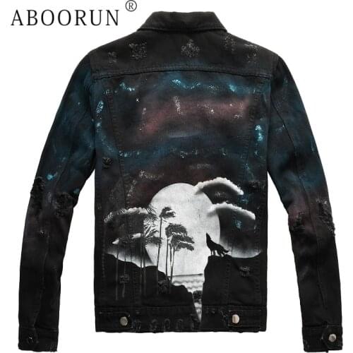 ABOORUN Hi Quality Mens Fashion Wolf Cloud Print Denim Jacket Streetwear Painted Holes Ripped Slim fit Jean Coat