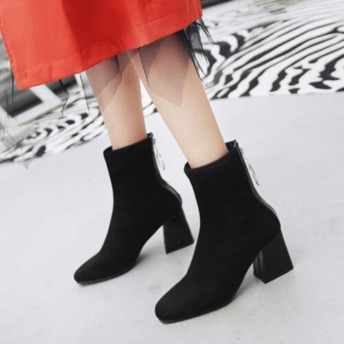 Big Size 11 12 13 14 15 16 17 High-heeled square-headed boots with high zipper and thick heels after color matching