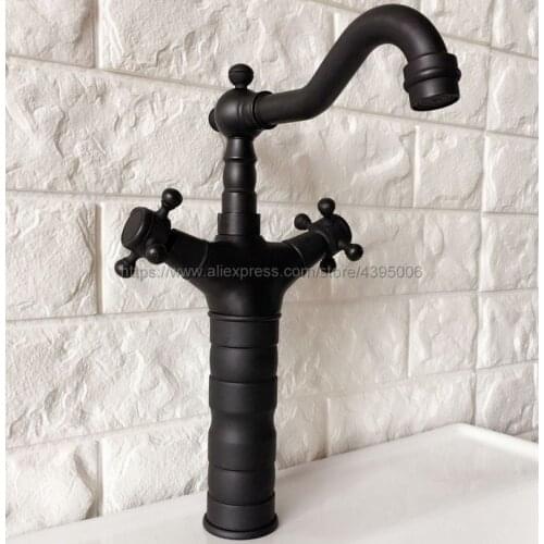 Oil Rubbed bronze Black Brass Bathroom Basin Faucet Dual Handles Vanity Sink Mixer Tap Hot And Cold Water Bnf347