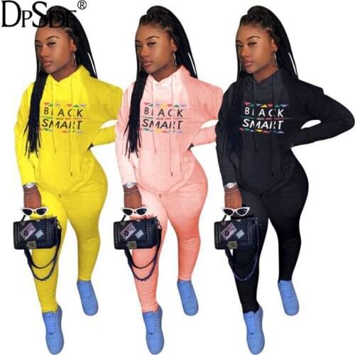 DPSDE women street casual style sets long sleeve hooded collar pockets top elastic long pants printed 3 color two piece sets