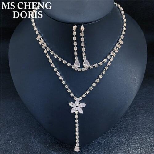 Elegant Zircon Long Flower Crystal Necklace Earrings Set Double Layer Bride Bridesmaid Wedding Jewelry Prom Gift Dropship