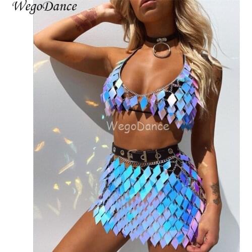 Colorful Mirror Mesh Outfit See Through Dance Wear Mirrors Nightclub Singer Silver Sequins Top Skirt