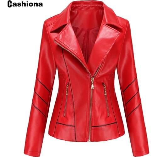 2021 Spring Autumn Faux Pu Leather Jackets Women Stripe Outerwear Pocket Zipper Coat Slim Biker Jacket Red Black Womens Clothing
