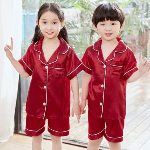 Summer Short Sleeve Satin Pajamas for Kids Children Pajamas Boys and Girls Silk Pajama Sets Teen Pajamas for 2-14Years Teenage