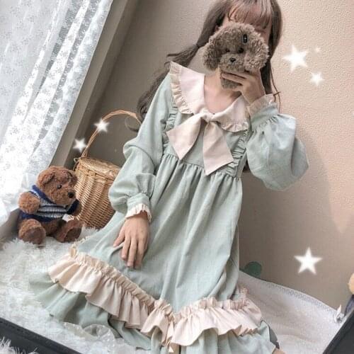 Sweet Women Long Sleeve Loose Dress Lolita Cute Peter Pan Collar Patchwork Dress Spring Women Fashion One Piece Matcha Color