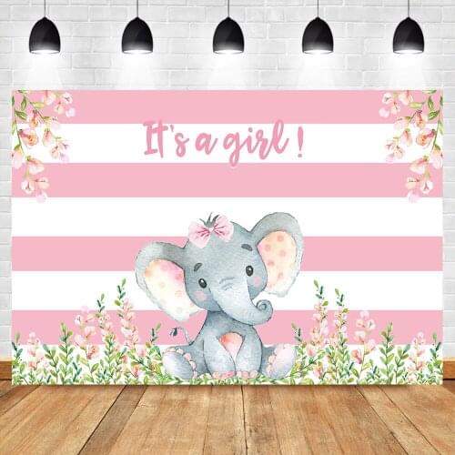 NeoBack Girl Elephant Baby Shower Backdrop Pink Flower Photography Background Elephant Baby Shower Party Banner Backdrops