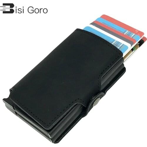 2021 New Purse Men and Women 2 Metal Credit Card Holder Aluminium RFID Blocking PU Wallet Hasp Mini Vintage Wallet Hold 14 Cards