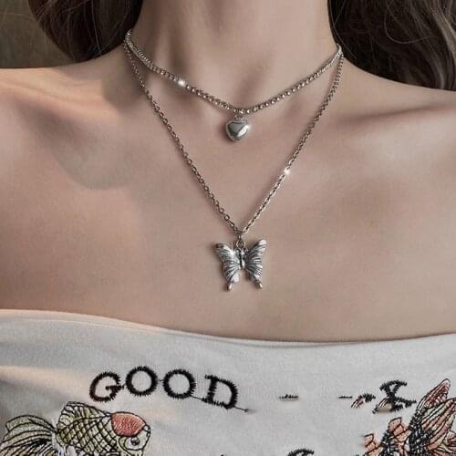 New Vintage Fashion Silver Color Heart-shape Multilayer Butterfly Chain Pendant Necklaces For Women Necklace Female Boho Jewelry
