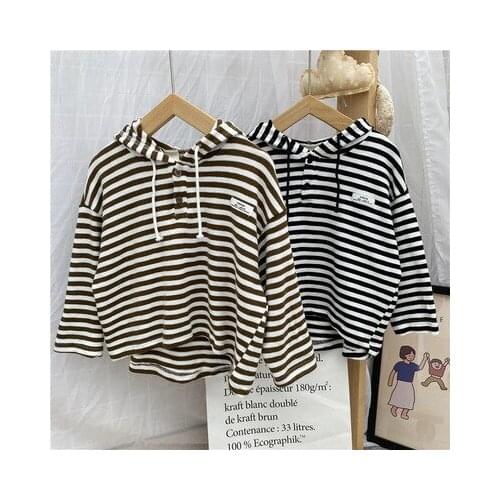 2021 Autumn Korean Childrens Hooded Sweatshirt Baby Boys and Girls New Wild Striped Knitted Sweatshirt Long-sleeved Top Tees