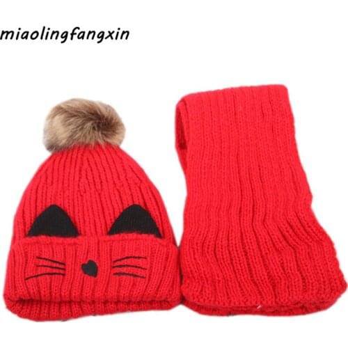 Autumn Winter Boy Girl Baby Hat Scarf 2pc Letter Knitted Wool Beanies Children Cap Collar Suit Thick Plush Hat Set