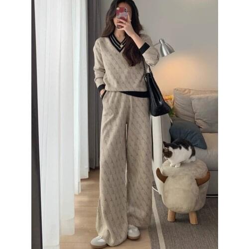 Casual Knitted Suit Autumn New Womens Fashion All-match Long-sleeved V-neck Pullover Sweater Wide-leg Pants Two-piece Suit