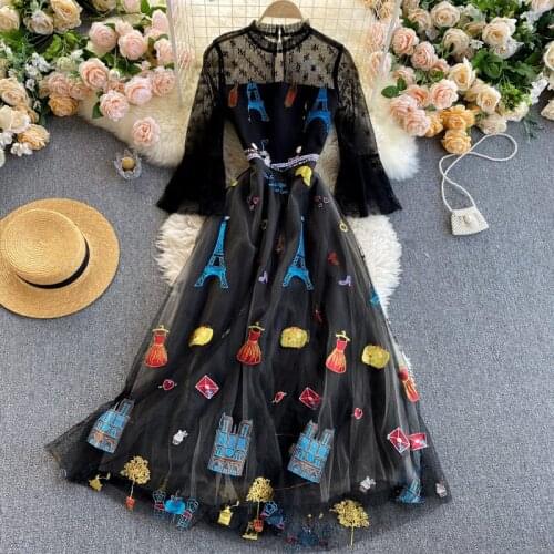French Retro 2021 Spring And Summer New Nice Dress For Woman Round Neck Flare Sleeve Mesh Stitching Fashion Printed Dress zh070