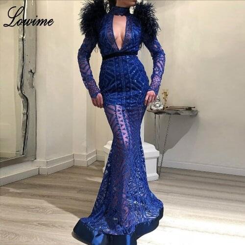 Luxury Royal Blue Dubai Prom Dresses 2019 Long Mermaid High Neck Sparkly Evening Party Dress Illusion Robe De Soiree Feathers