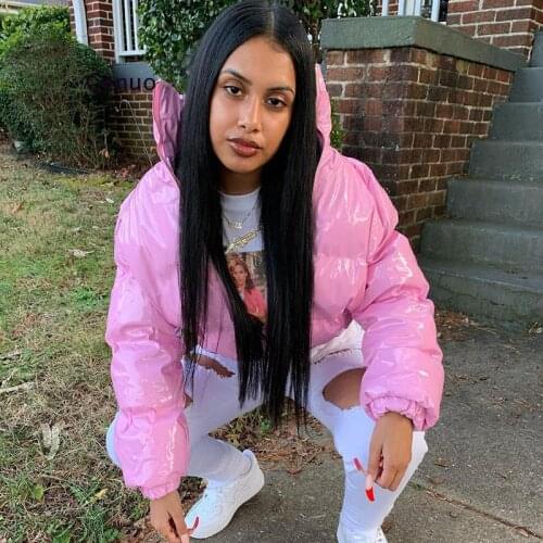 Crop Bubble Puffer Coat Winter Parkas Faux Pu Leather Warm Long Sleeve Women Outerwear Zipper Casual Solid Slim Hot Jacket