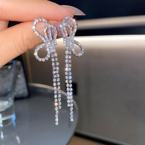 Knot Shinning Rhinestone Tassel Earrings Women New Fashion Long Earings Statement Jewelry