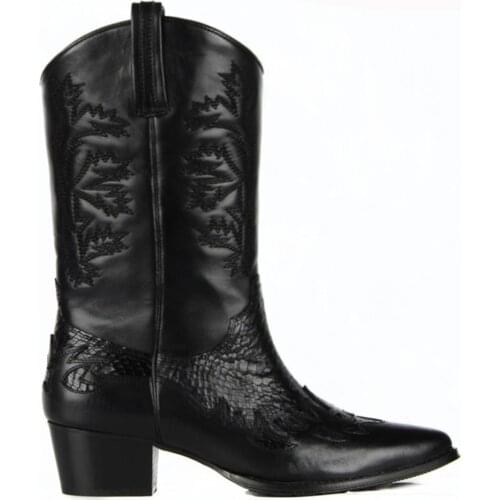 FootCourt- Black Genuine Exotic Print Leather Pointed Toe Boots Vintage Retro Boots Women Shoes Handcrafted Boots New Season