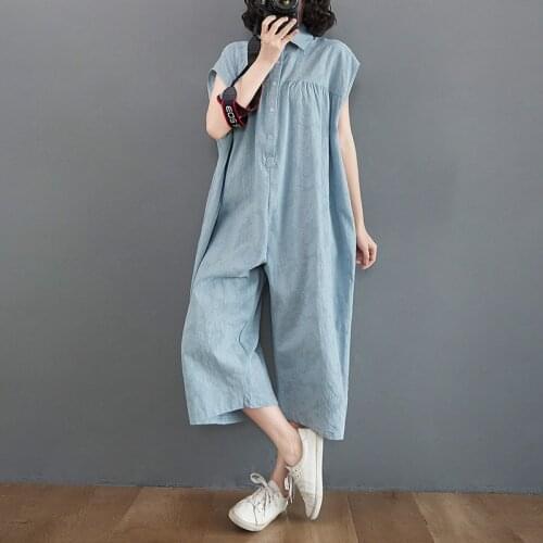 Cotton Linen Jacquard Vintage Women Jumpsuits Wide Leg Pants Korea Style Fashion Summer Jumpsuits Loose Lady Rompers Overalls