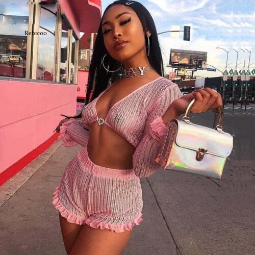 Womens European and American High Elastic Sexy Solid Color Chiffon Stitching Two-Piece Suit