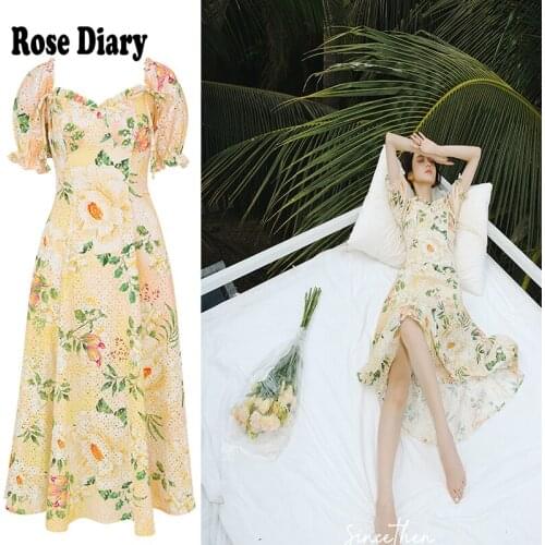 Floral Print French ze Style Long Dress 2021 Women Short Sleeve Party Prom Sexy Dresses Yellow