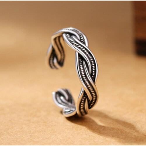 Sole Memory Retro Creative Literary Weaving Personality 925 Sterling Silver Female Resizable Opening Rings SRI303