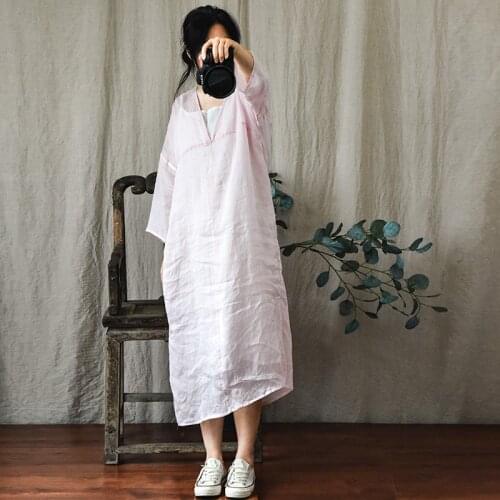 Women Loose Summer Thin Ramie Dress Ladies V Neck Transparent Dress Female 2021 Ramie Dress