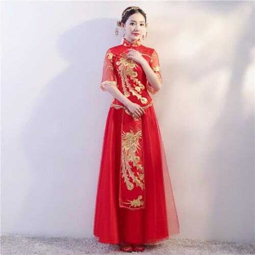 Women Chinese Traditional Classical Embroidery Cheongsam Wedding Toast Dress Show Slim Dragon-phoenix Lady Qipao Evening Dress