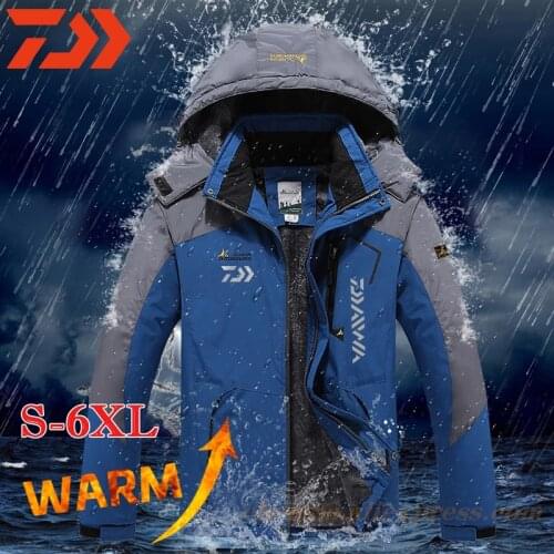 Daiwa 2021 Winter Outdoor Jacket Thick Warm Velvet Coat Mens Windproof Hooded Fishing Casual Hiking Mountaineering Outerwear