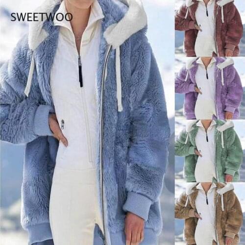 Winter Women Jacket Fashion Plush Patchwork Zipper Pocket Winter Hooded Jacket Retro Loose Long Sleeve Plus Size Women Top Coat