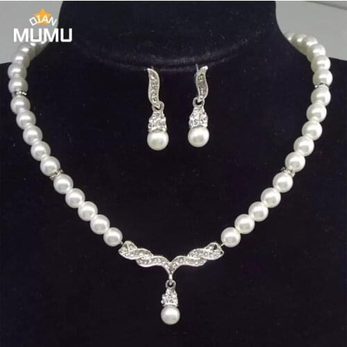 Golden Silver Color Pearl Necklace Earring Set Women Angel Wings Leaf Pendant Necklace Wedding Party Jewelry Gift