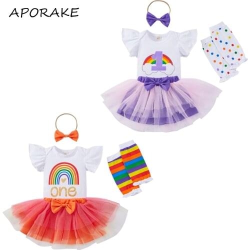 2021 6-18M Newborn Baby Girl Clothing Rainbow Flared Short Sleeves Romper+Tutu Skirt+Leg Warmer+Headband 4pcs for Birthday Party