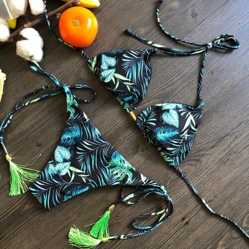 2021 New Fashion Plant Printed ​Swimsuit Sexy Low Waist Thong High Quality Swimwear Women Bandage Bikini Set Halter Biquini