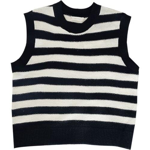 Blue and white stripes basic early autumn O-neck loose knit sweater vest