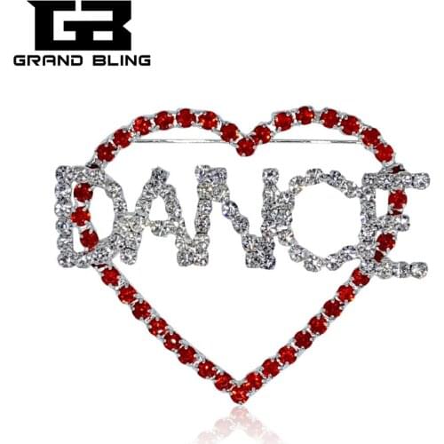 Crystal "LOVE DANCE" Word Brooch Jewelry with a Big Size Red Heart