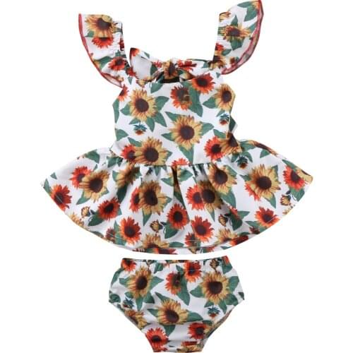 Citgeett Newborn Kids Baby Girls Outfits Flying Sleeves Clothes Cute Sunflower Top Dress+Bottoms Shorts 2pcs Bow Summer Set