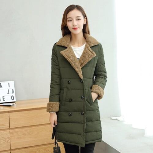 Korean Self-cultivation Long Fund Cotton-padded Clothes Woman Winter Both Row Buckle Sleeve Lapel Color Lamb Cotton Cashmere