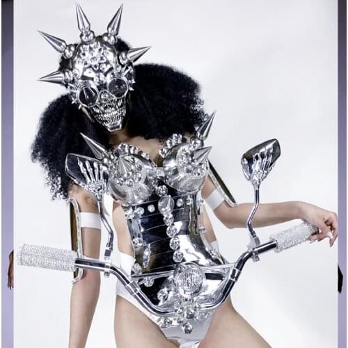 Future technology space dance costume Nightclub GOGO female DS gold mirror LED light metal spiked armor performance girl