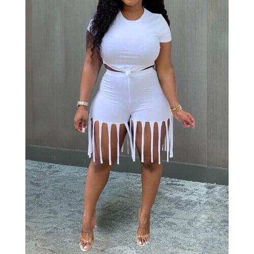 Summer Women Plain Sporty Top & Fringed Shorts Set 2021 New African Women Casual Skinny Tee & Trousers Suit Lady Tracksuit 2 Pcs