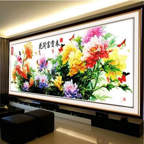 Fortune comes with blooming flower peony cross stitch kits printed embroidery DIY handmade needlework wall home decor canvas